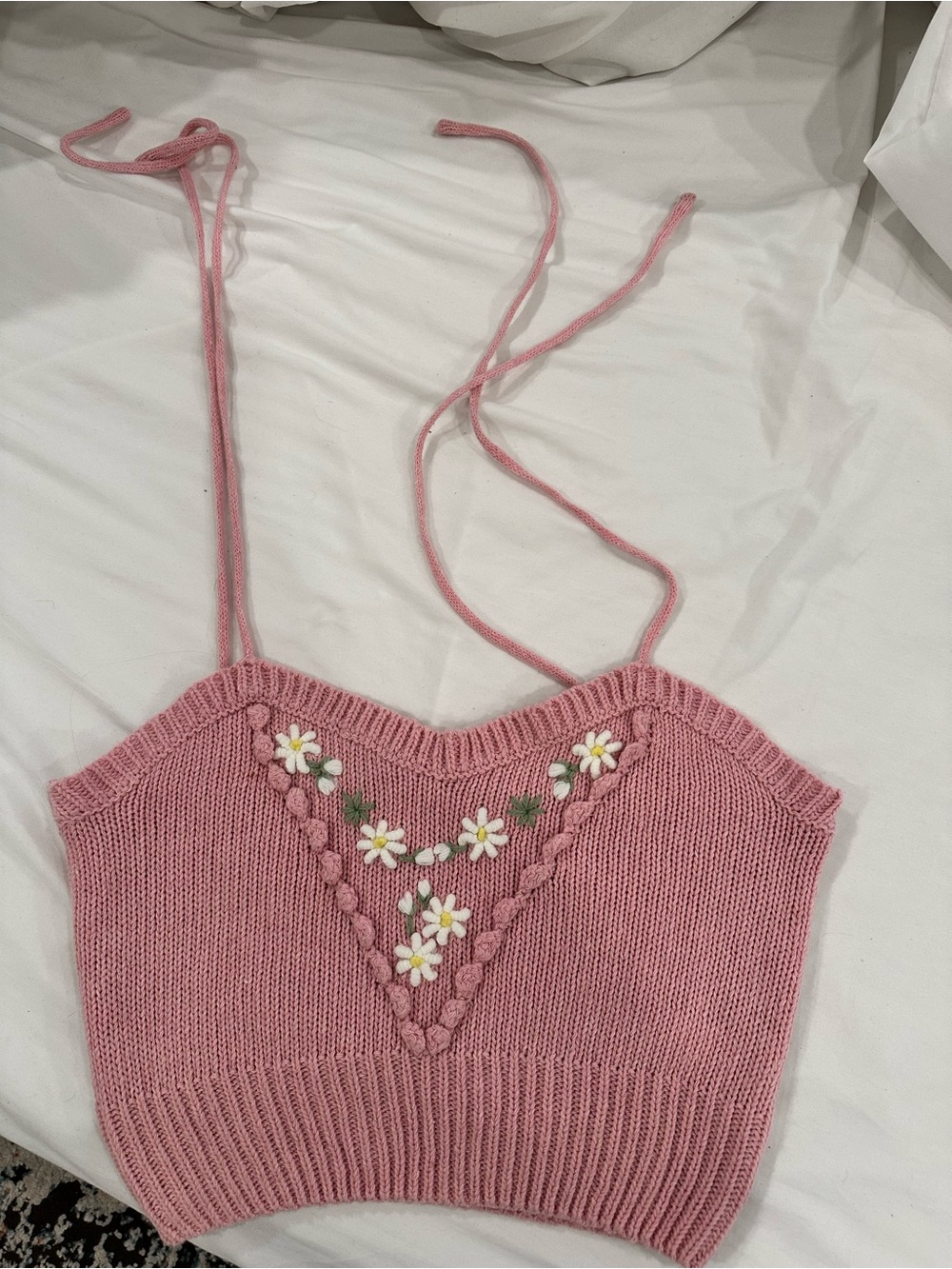 Lush Pink Knit Daisy-Embroidered Tie-Strap Crop Camisole